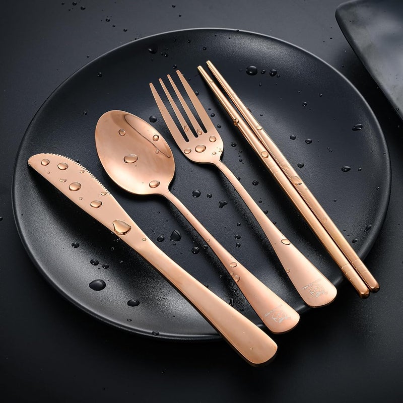 Boulder Bee Travel Utensils Set | Reusable Camping Cutlery Set | Stainless Steel Flatware Set | Portable Silverware Set with Case | Includes Knife/Fork/Spoon/Chopsticks/Cleaning Cloth/Case (Rose) - Image 2